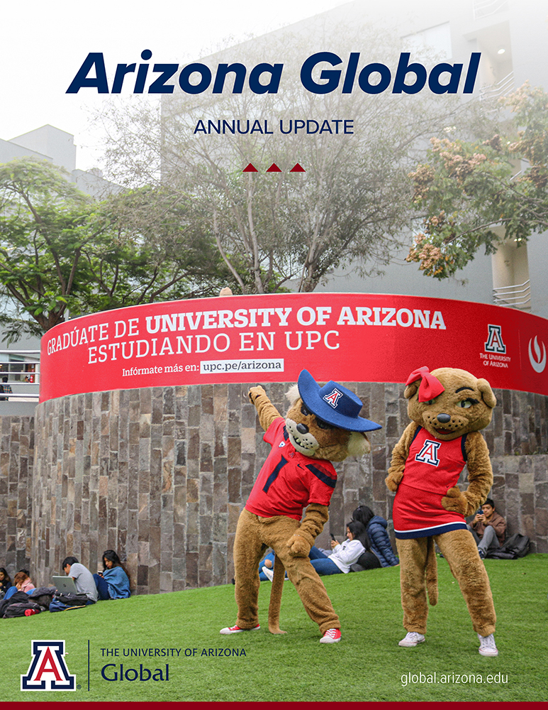 Arizona Global 2021 Annual Update cover with photo of Wilbur and Wilma Wildcat with banner sign at UPC Arizona Global 2021 Annual Update cover with photo of Wilbur and Wilma Wildcat with banner sign at UPC