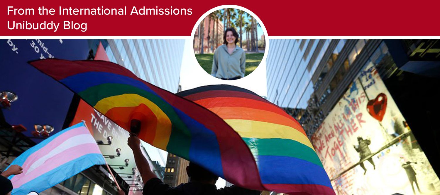 Rainbow pride flag for LGBTQI pride month with headshot of Unibuddy Ambassador Melissa