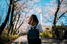 Girl with backpack, Seoul South Korea, Cherry Blossom Season