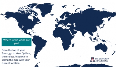 World map shown at Global Orientation - interactive activity asking students to drop a pin on the map to show where they are from.